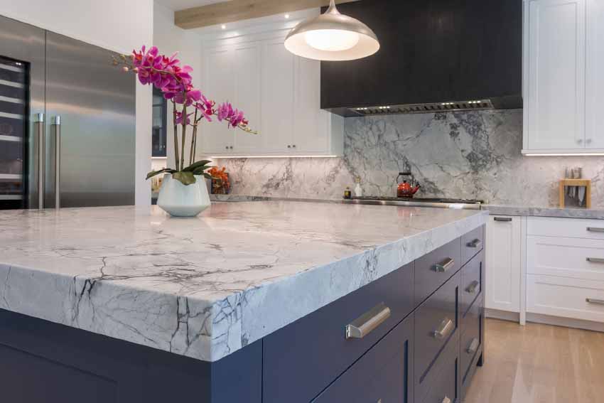 Marble-Infused Lacquered Glass Kitchen Design Idea